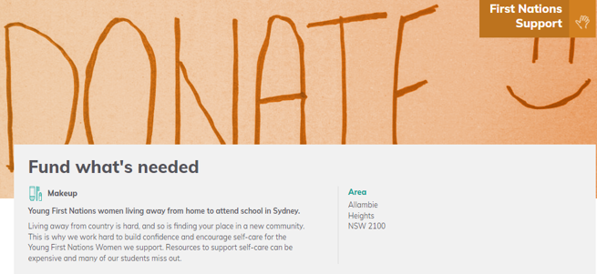 Screenshot of a request for makeup via GIVIT for first nations students