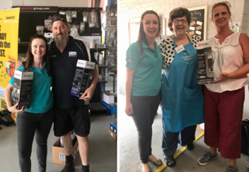 Two photos, one of Engagement Officer Caroline Odgers buying water filters from a Bega business, the other of her giving the water filters to two staff at Sapphire Community Projects